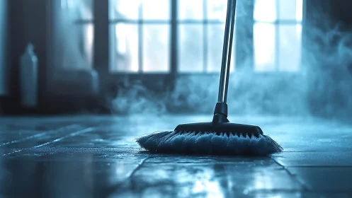 Steam mop head contacts reflective tiled floor surface