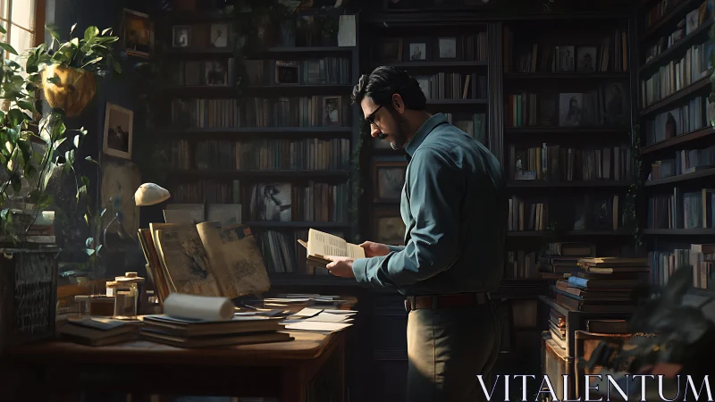 Man stands reading in densely furnished library interior
