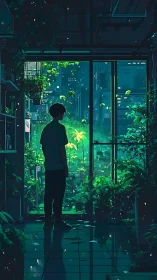 Silhouetted figure in indoor garden facing neon cityscape.