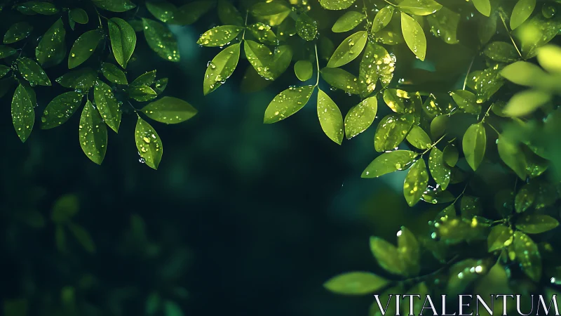 Wet green leaves are illuminated by soft directional light