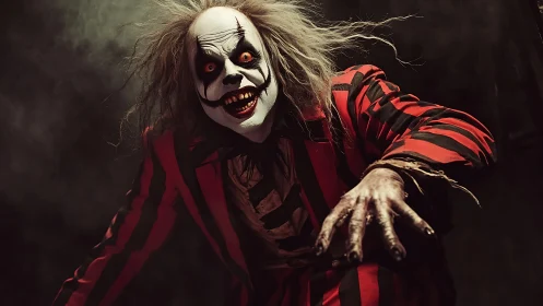 Terrifying striped-suit clown lunges forward in smoky darkness
