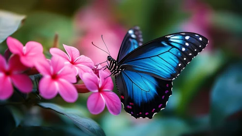 Blue butterfly rests on vivid pink blossoms in soft focus garden.