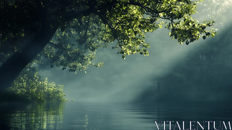Serene lakeside forest scene with sun rays and misty atmosphere.