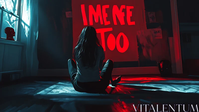 Solitary watcher under neon confession words on the wall.