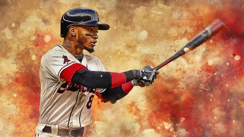 Dynamic baseball batter swings against fiery abstract backdrop