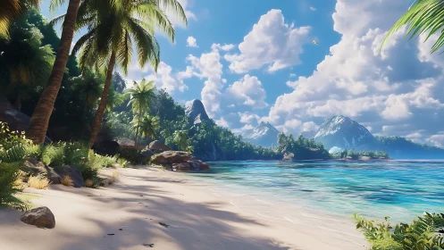 Tropical Beach Paradise with Mountains and Azure Waters
