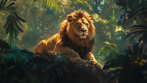 Golden jungle lion resting beneath a halo of sunlight.