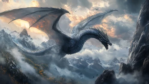 Aerodynamic silver dragon over glaciated alpine ridge system.