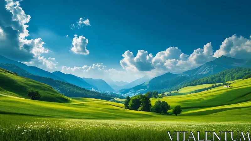 Sunlit green valley unfolds beneath dramatic mountain skies