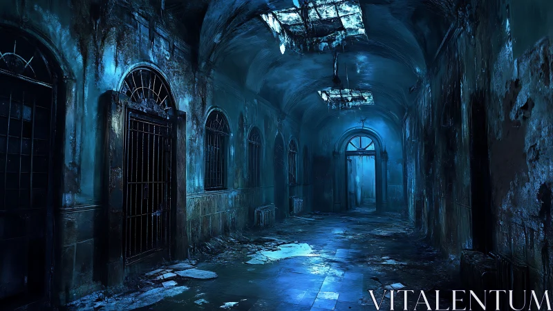 Haunting blue hallway invites curious eyes into quiet decay