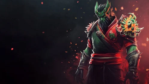 Green warlock broods while ember spirits circle his armor