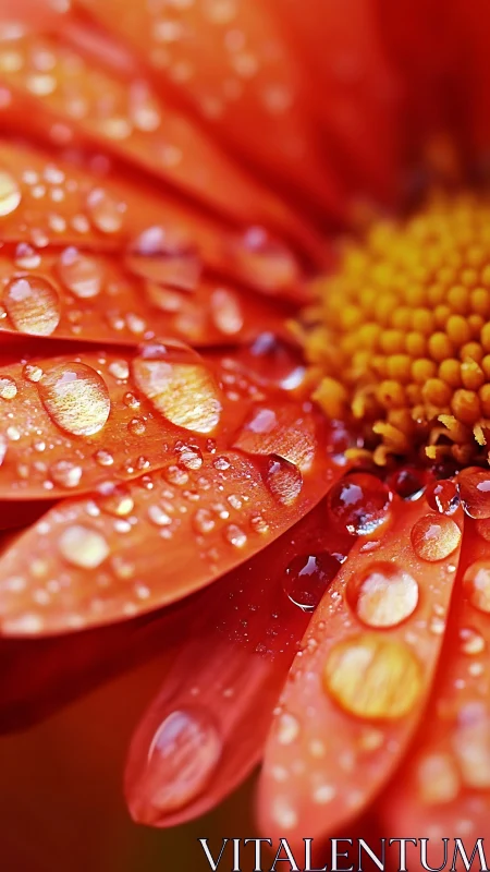 Morning dew pearls on bright orange flower petals glow softly