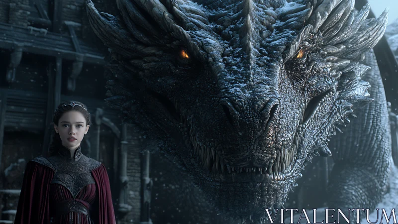 Photorealistic medieval girl and frost-armored dragon portrait.