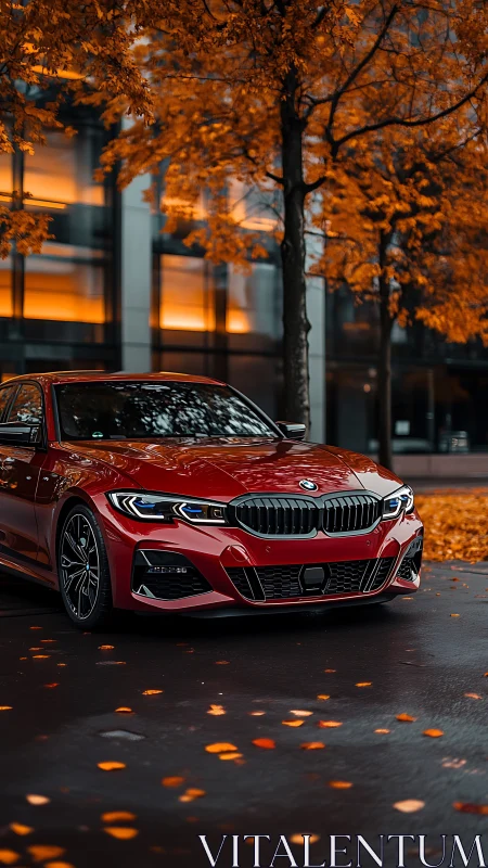Crimson BMW sedan poised on wet street under autumn trees.