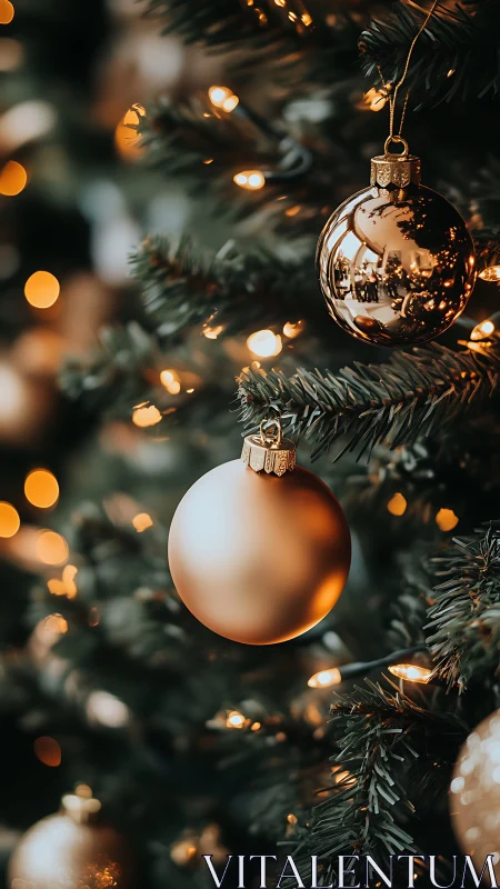 Golden ornaments on evergreen Christmas tree branches.