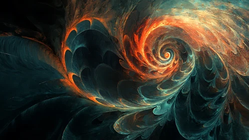 Fiery cosmic spiral unfurls in swirling teal and amber light