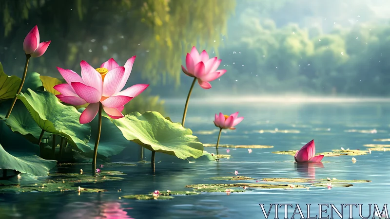 Lotus daydreams drift across a mist-brightened lakeshore.