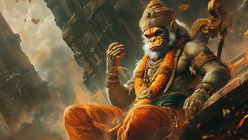 Divine simian warrior enthroned amid blazing temple ruins.
