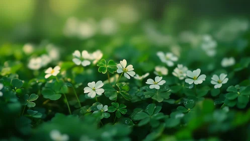 Clover groundcover with white blossoms in soft focus field.