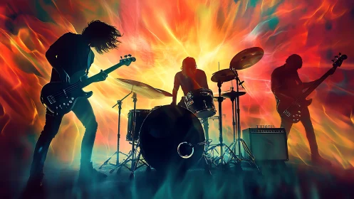 Rock trio silhouettes in chromatic energy-field stage blast.