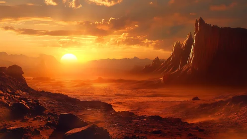 Radiant extraterrestrial desert sunset reveals stratified basalt ridges