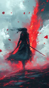 Solitary swordbearer against vertical rift of crimson energy