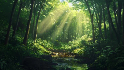 Forest Stream with Sunlight Rays Filtering Through Canopy