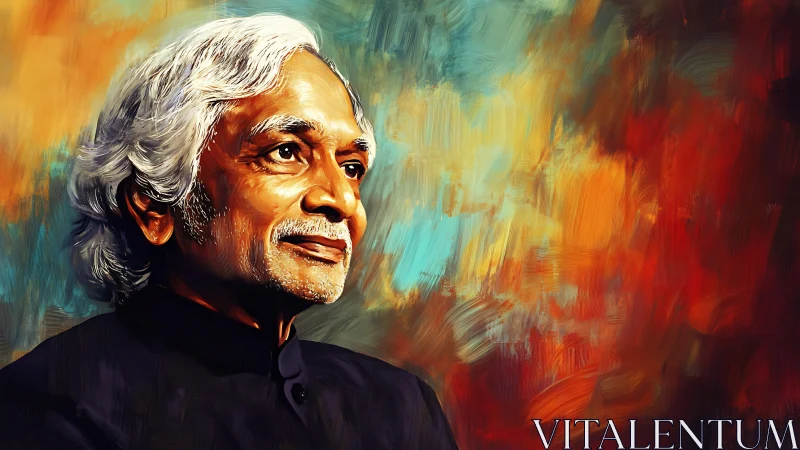 Silver-haired gaze converses softly with a storm of color