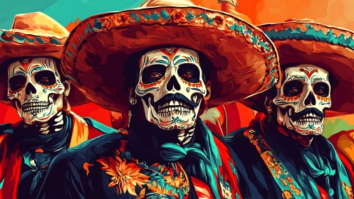 Calavera mariachi trio in vibrant sombreros and floral regalia
