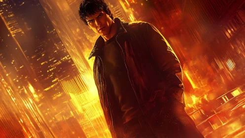 Man stands in glowing orange cityscape with intense lighting