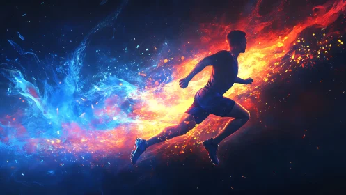 Dynamic runner silhouette with dual fire and ice energy trails