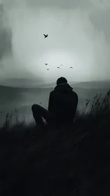 Backlit solitary figure on windswept slope observing distant birds