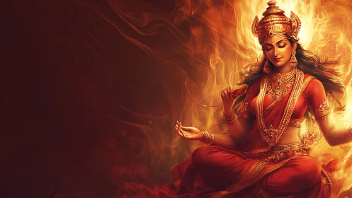 Radiant fire goddess in peaceful, glowing meditation pose.