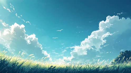 Wide grass field under cumulus clouds and blue sky panorama.