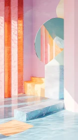 Pastel architectural fantasy with reflective geometric pools.
