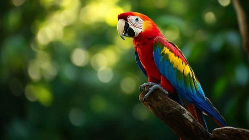 Vibrant Scarlet Macaw on Branch in Sunlit Forest Photography.