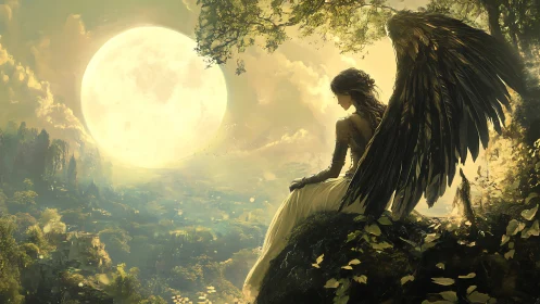 Luminous moonlit angel on cliff in ethereal fantasy tableau.