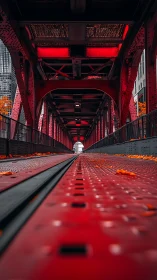 Low-perspective urban steel bridge with red structural lighting
