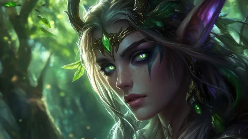 Forest elf guardian meets your gaze with glowing calm
