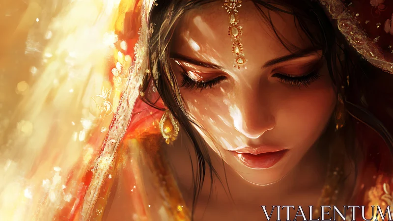 Soft golden light falls gently over a serene veiled bride