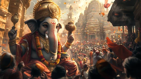 Processional Ganesha icon amid temple festival crowd dynamics.