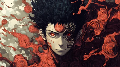 Demonic-eyed warrior in swirling crimson organic maelstrom.