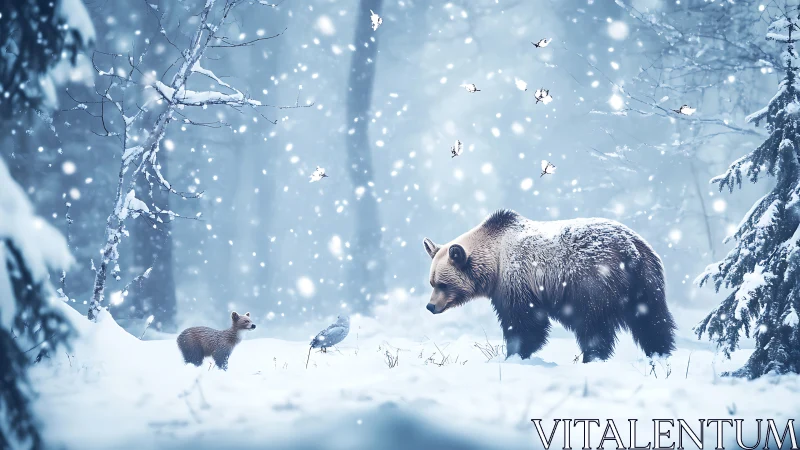 Snow-kissed bear and fox pause under floating winter sparks.