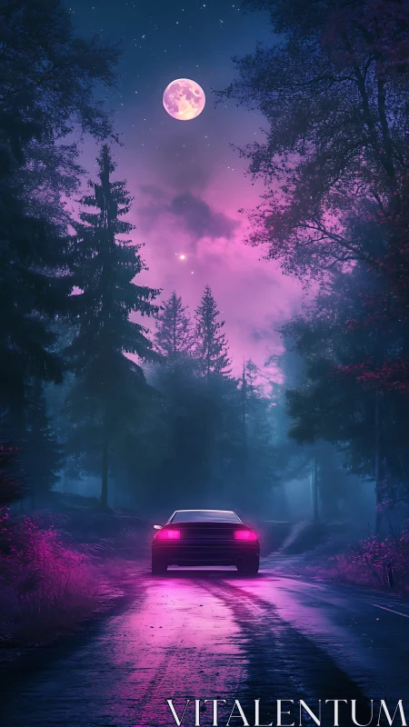 Car on forest road under violet moonlit night sky.