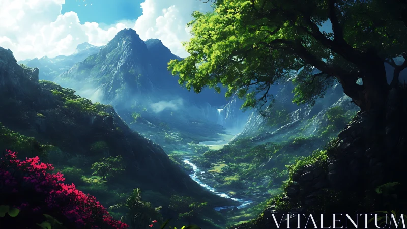 Emerald valley inhales light while distant waterfalls whisper