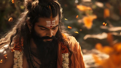 Portrait of meditative sadhu in golden shallow depth light
