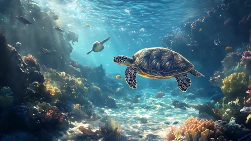 Sunlit sea turtles glide gently above a glowing coral reef
