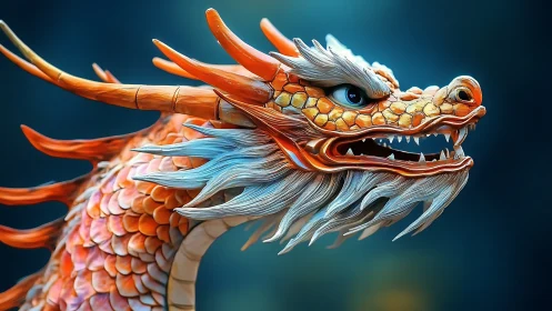 Fiery orange dragon profile with sculpted scales and horns.