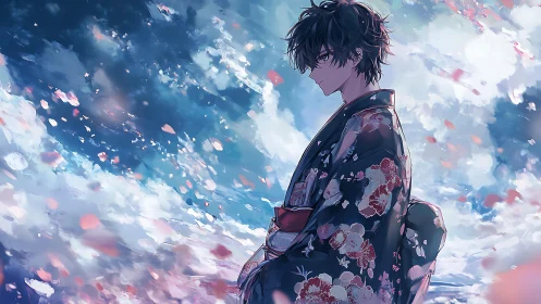 Melancholy kimono dreamer amid drifting sakura skies.