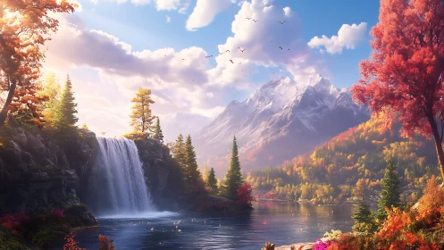 Sunlit autumn waterfall below snowcapped alpine mountains